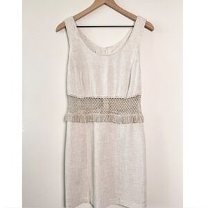 Vintage‎ Private Club Linen Crochet Mesh Fringe Dress Beige M 11/12